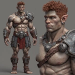 **Character design sheet. Realistic 3d rendering. Character design sheet of a ruggedly handsome, Hyper muscular handsome half orc, bodybuilder, bright silver eyes, short curly red Mohawk, short pointed ears, defined muscles, Huge leg muscles, huge pectoral muscles, big arm muscles, vascular hyper muscular, wide Grecian nose, strong square jaw, defined cheek bones, masculine features, freckles, Bodybuilder, short pointed ears, wearing Roman gladiator armor. --v 7.0** - Image #1 <@1222981214734913607>