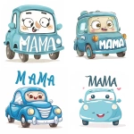 **Cute cartoon car character, blue in color with the text "MAMA", on a white background, simple flat design, vector illustration, in the style of Pixar, with a cute and happy facial expression, simple lines, minimalist style, in the style of children's book illustration, white background, full-body portrait, high resolution, no shadows on other elements of the drawing. --v 6.0** - <@1106905564325351424> (fast)