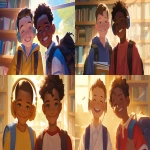 **a medium shot of two realistic illustrated happy 8-year-old students from America, they have a well-defined noses and well-defined jawlines, the first student is an African American male with light brown eyes and very short black hair, the second student is a dark African American male with light brown eyes and curly black hair, they stand with their head and neck and shoulders completely square to the camera and facing forward, their entire body is facing forward, they wear backpacks, they have large headphones on their head, they stand in a library, it is daytime, the sun is shining bright, high-definition, anime-style, --ar 16:9 --niji 6** - <@1065025086664474674> (relaxed)