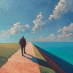 **rich pastel colors composition / of a man / walking on a path / near an expansive body of water** - Image #4 <@1080572898269466724>