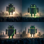 **<https://s.mj.run/rWcFtaYzAZ8> The Android Robot made of mobile phones is getting pulled down, crowd of people looking up at it, green malware bugs trying to get inside it, green lasers trying to pull robot down, cityscape, photorealistic, magic hour, dramatic lighting** - <@1048326817838280714> (fast, stealth)