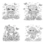 **chibi mummy unraveling its bandages, butterflies and hearts, surrounded by flowers, thick line art, coloring page --ar 5:7** - <@437878260013989888> (relaxed)