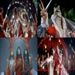 **cinematic close-up of frilled-neck lizard / iguana hybrid rock stars in glossy red-and-silver V-series style uniforms reimagined as outrageous 80s glam-metal stagewear, teased metallic hair over scaled heads, sequins and spikes, unzipping human-skin leotards mid-song to reveal emerald and gold-green scales with dramatic frilled collars, reptilian 80s hair band in a neon-lit stadium spectacle, lead singer dangling a small Andean guinea-pig (cuy) by the tail like a microphone toward his wide open mouth in a Steven Tyler reptile rock-god pose, guitarist’s clawed hands shredding a chrome guitar, ecstatic human crowd smiling and cheering their own demise, chrome serpent arch overhead, smoke and glitter like molten scales, MTV 1984 VHS freeze-frame, ecstatic worship, adoring surrender --v 7.0 --raw --ar 16:9 --weird 1900 --chaos 50 --stylize 120 --sref 3193102811 2178024008 698401885 --sw 600 --sv 4 --no text --p wtdcp5s** - <@997245562065789039> (fast)