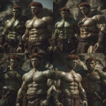 **Realistic 3d rendering. Full body portrait of two characters. ruggedly handsome, Hyper muscular handsome twin green skinned orcs, bright silver eyes, short curly redred hair, short pointed ears, defined muscles, pronounced features, hyper muscular, wide Grecian nose, strong square jaw, defined cheek bones, masculine features, freckles. Bodybuilder. wearing a tight short leather skirt. His oiled skin glistens under intense studio lighting. A strong camera flash highlights the shine on his muscles, creating bright reflections on his body, arms, and thighs. Retro fitness photography style, slightly exaggerated lighting contrast, 90s magazine aesthetic, center-framed, studio portrait shot. Standing and posing in a sunny rocky field. --ar 5:6 --v 7.0** - Variations (Strong) by <@1222981214734913607> (relaxed)
-# Create, explore, and organize on [midjourney.com](<https://midjourney.com/imagine?from_discord=1>)
