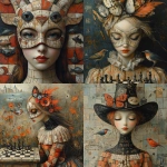 **A full-length picture of a woman with chess, mask multicolor, fish, bird, painting by Naoto Hattori, Didier Lourenço, Kelly McKernan and Hieronymus Bosch --quality 2 --stylize 750 --v 6.1** - <@1051616081585905745> (relaxed)
