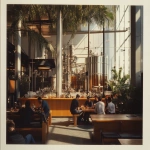 **Vintage Polaroid of the interior of a clear modern distillery with a lounge bar in Los Angeles with people casually dressed are sitting on benches, with palm trees overhead, drinking whiskey having fun dancing. Behind them is gigantic beautiful whiskey distillery. Nostalgia in the style of Provia. --ar 128:93 --v 6.1** - Image #2 <@1090364262091866152>