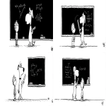 **Representation: A dog acting as a private tutor to a child. The dog holds a ruler in its paw and stands at the blackboard to explain a dog diagram to the child. Graphic style: Line drawing, cartoon style, influenced by Franco-Belgian comics, thick black lines, simplified design, vector, black and white only, in the style of Keith Haring or the French comic strip "Alinéa". [IMPORTANT]: A single continuous line extending from one side of the image to the other, minimalist, strong outlines, line drawing, without lifting the hand, ultra-simplified, no shading, entirely white image, drawing created in the center of a sheet of paper. --ar 16:5** - Variations (Strong) by <@627984126871470085> (fast)