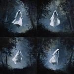**phantom woman with a white vaporous dress , covered with a veil, floating between the trees melancolic, scary, sad, gouache painting** - Variations (Strong) by <@1282363709964025901> (fast)