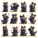 **a cute Scottish Terrier character emotion sheet, featuring 12 different emotional expressions and poses in a grid layout: happy, sad, angry, surprised, in love, sleepy, laughing, embarrassed, kissing, waving, cheering, proud rounded body, short limbs, large flat tail in back view, chibi proportions, fluffy fur with natural shading, big expressive eyes, warm and soft painterly illustration style, hand-painted brush textures, gentle pastel tones, Disney Pixar animation style, warm and gentle lighting, consistent proportions, white background with subtle horizontal guide lines, high-resolution artwork suitab** - Image #1 <@872240455209857064>