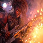**heavy metal femmerock reptilian 80s hair bandsaw sawing through electric guitars, sparks and debris flying everywhereas the band plays down with the thickness --p djcuvnt --ar 4:3** - Image #2 <@948741381743083580>