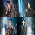 **full-body runway shot of a fashionable 30-year-old Taiwanese man, long-shaped face, fair pale skin, thick eyebrows, large expressive double-lidded eyes, naturally full lips, softly contoured cheeks not sunken; styled with bold smokey eye makeup and glossy lip color, paired with avant-garde fashion outfit, contemporary hairstyle; walking confidently on a glossy runway stage with cinematic spotlight, blurred audience in the background, dramatic high-fashion editorial photography style, sharp focus on makeup and hair, elegant and powerful vibe, no text, no watermark --ar 16:9** - <@1090872516857299025> (fast)