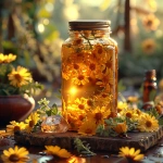 **A golden herbal oil infusion in an amber mason jar glowing with warm sunlight, surrounded by fresh chamomile, calendula petals, and St. John’s Wort flowers, placed on a rustic wooden table with soft morning light streaming through, a citrine crystal nearby radiating subtle golden light, realistic photography, high detail, natural textures, earthy and radiant atmosphere, botanical apothecary style --v 6.0 --s 750** - Image #2 <@1090630909448949831>