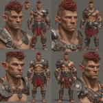 **Character design sheet. Realistic 3d rendering. Character design sheet of a ruggedly handsome, Hyper muscular handsome half orc, bodybuilder, bright silver eyes, short curly red Mohawk, short pointed ears, defined muscles, Huge leg muscles, huge pectoral muscles, big arm muscles, vascular hyper muscular, wide Grecian nose, strong square jaw, defined cheek bones, masculine features, freckles, Bodybuilder, short pointed ears, wearing Roman gladiator armor. --v 7.0** - Variations (Strong) by <@1222981214734913607> (relaxed)
-# Create, explore, and organize on [midjourney.com](<https://midjourney.com/imagine?from_discord=1>)