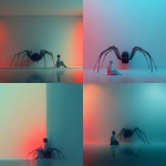 **a woman sits on the floor with her legs crossed, next to an enormous black spider sitting at attention in front of her, against a white wall, in a minimalistic digital art style, with pastel colors and a red and blue gradient lighting, in the style of christopher balaskas realistic image** - <@1282363709964025901> (fast)