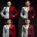 **Photorealistic portrait of a young woman standing front-facing, split symmetrically in half vertically. Left side: medical doctor wearing a white lab coat and stethoscope, calm and professional expression. Right side: high-end businesswoman outfit, an ultra-elegant red tailored suit with sharp lines, premium fabric, confident corporate posture, subtle luxury accessories. Perfect seamless split between the two halves, dramatic studio lighting, dark background, ultra-detailed textures, high-definition 4K realism, strong visual contrast between the two identities --ar 3:4 --raw --v 7.0** - <@525310115033645076> (fast)