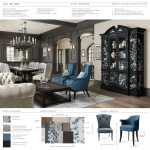 **"action": "image_generation", "action_input": "An ultra-high-definition interior design rendering of a luxurious living room and adjacent dining room, connected by an open archway or continuous wall treatment. The style is 'Modern Classic' with touches of Chinoiserie. The living room features the previously established design: dark wood wainscoting, charcoal grey upholstered wall panels, a classic tufted Chesterfield sofa in cream, a rectangular dark wood coffee table, and a blue velvet arm chair with dark wood frame. The room also has the black Chinoiserie cabinet with bird and floral motifs from the user's shop, placed strategically. Chinoiserie ginger jars are on a console table. The dining room continues the same wall paneling and flooring. It features a classic dark wood dining table with elegant, carved legs, surrounded by upholstered dining chairs in a subtle patterned fabric (e.g., damask or light brocade) that complements the blue and cream palette. A grand Chinoiserie buffet cabinet (similar to the user's tall cabinet with horsemen or the black floral one) is against one wall. A chandelier with a classic design hangs above the dining table. The camera angle should be a wide shot, showcasing both rooms, as if preparing for a slow, smooth camera pan that would highlight the continuity and elegance of the entire space. The lighting is warm and inviting."** - Image #2 <@1259916559262941226>