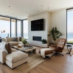 **ultra-realistic photograph of a coastal modern open floor plan living room in Manhattan Beach, California, warm oak wide plank hardwood floors, large black-framed windows with panoramic ocean and beach view, Restoration Hardware modern-inspired neutral palette, plush L-shaped sectional rotated so one side faces the ocean and the other faces a sleek TV above a limestone fireplace, layered grass cloth and Persian area rug, stone coffee table, leather lounge chair, wood rectangle couch table with lamp and fresh flowers and books on top, textured throw pillows, soft ambient natural daylight, sculptural chandelier, layered organic textures, styled for a luxury interior design Instagram post, straight-on wide-angle lens, full view of space including ocean view and TV wall, center fireplace, angle chair and ottoman towards tv, remove table next to chair, photorealistic details, depth, natural shadows --v 6.0 --raw --ar 13:10** - Image #1 <@1339375378858381312>