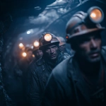 **coal miners working in a dark and dangerous underground mine. from the back of the mine, it starts to collapse. everyone is running torard the the camera. make one miner at the very front with a clear afraid look on his face** - Image #3 <@499594555298021396>