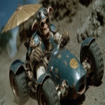 **alien funky dynamic vehicle with a bizarre metalic rusty parasol, racing on high speed on the moon's surface --ar 16:9 --p 6k624r2 --s 1000 --v 7.0** - Upscaled by <@1071437900610293863> (fast)