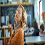 **a cool elegant middle age female school teacher is showing pain in her face . Her eyes are shut and she is standing at the blackboard with her back to the students in the classroom. The classroom is modern, brightly lit and warm. 65 mm, realism image, A hyper-realistic, highly detailed daytime scene, atmospheric lighting, volumetric lighting, rich in detail, Leica Q2, photography, high quality, --no blurry, low resolution, cartoonish, unrealistic reflections, distorted, low-poly, washed-out colors, artifacts, overexposed, watermark, --ar 16:9 --v 6.0** - Image #1 <@1088739679458824253>