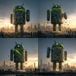 **<https://s.mj.run/rWcFtaYzAZ8> The Android Robot made of mobile phones is collapsing, there are gaps in the robot and it is crumbling away, people looking up at it, green malware bugs trying to get inside it, cityscape, photorealistic, magic hour, dramatic lighting** - Variations (Strong) by <@1048326817838280714> (fast, stealth)
