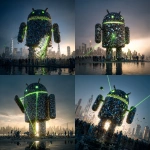 **<https://s.mj.run/rWcFtaYzAZ8> The Android Robot made of mobile phones is collapsing, there are gaps in the robot and it is crumbling away, people looking up at it, green malware bugs trying to get inside it, green lasers trying to pull robot down, cityscape, hyperrealistic, photorealistic, reflections, raytrace, super realistic, magic hour, dramatic lighting, art style of Blade Runner** - <@1048326817838280714> (fast, stealth)
-# Create, explore, and organize on [midjourney.com](<https://midjourney.com/imagine?from_discord=1>)