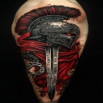 **a realism style black and grey tattoo design, a spartan style helmet with dark red glowing face facing 3/4 profile right, underneath the helmet is a red velvet cloak sweeping down the left side, there is a large chrome linked chain flowing downwards wrapping, there is also the hilt of a sword which has the sculpture of a lions head and wings on, there is also a scroll like banner with ethe words ‘Ephesians 6:11’ in a sqxript font. --ar 1:2 --v 6.1 --s 250** - Image #3 <@1076015754727661618>