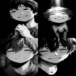**an anime boy smiling with tears in his eyes out of gratitude, black and white theme --ar 9:16 --v 7.0** - <@409716268476923920> (fast)