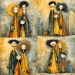 **whimsical photorealistic illustration of a fathers d mother with their girl and boy, father has black hair and a moustache, he’s wearing glasses, mother has curly blonde hair and she’s wearing glasses girl has dark brown hair and she’s wearing glasses, son has brown hair and is older and taller than the young girl --v 7.0 --p b3kgthr --s 750** - Variations (Strong) by <@520759084903956481> (fast)