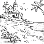 **A simple coloring page for children of A beach scene with sandcastles, palm trees, coloring page for kids in a monochrome style, simple with no details. for a simple black and white coloring page, line art, thick lines, easy to color. no shading lavender --v 6.1** - Image #3 <@1201148944726638674>