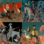 **Don Quixote, degraded laser scan image, tritone, 1980s style, vellum print, expertly rendered pop art, effortless pose, Belle epoch birds, belle epoque, exotic mod ensemble, tranquility, slight polychrome --ar 4:3 --raw --profile jsiu34d --v 7.0** - <@1000163713564823602> (fast)