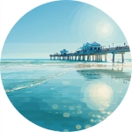 **A bright, circular image, stylized Clearwater Beach including pier 60, Florida in full daylight, featuring the beaches in a minimalist, flat color style. Clean lines, bold colors, and glowing reflections create a vibrant, blue, cartoon-like atmosphere. The scene is bathed in bright midday sunlight, ensuring a pure daytime look. realistic** - Image #2 <@916477666708848640>