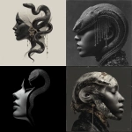 **surreal hip-hop album cover, a snake with a woman’s face as its head, elegant and simple silhouette design, minimalistic jewel-encrusted details, dramatic black and gray tones, the snake coiled in a striking c --s 250** - <@533584302466662410> (fast)