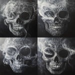 **ultra realistic sugar skull, black and grey, black background, smoke coming out of the sugar skulls eyes** - Variations (Strong) by <@1239360474777256017> (fast)