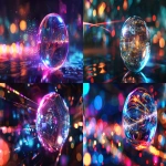 **3D abstract data bubble, semi-transparent liquid sphere with floating digital particles, glowing circuits and currency signs inside, iridescent reflections, futuristic fintech energy, rainbow-like light streaks, no UI, surreal but elegant, 16:9, 4k --ar 16:9 --v 6.0 --raw** - <@1321055388543483937> (fast)