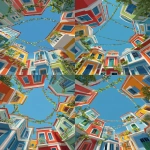 **illustration of colorful houses in the style of marimekko, looking up from below, circular perspective, clear blue sky in the background, with garlands above the roofs. --ar 85:128** - Variations (Strong) by <@887290959732305930> (fast)