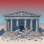 **A simplified political cartoon in 9:16 format showing a cracked Supreme Court building collapsing inward, the words ‘One Person, One Vote’ visibly fracturing across its base. Cartoon style, clean lines, minimal detail, flat colors, no blood or gore, symbolic rather than realistic. Empty background or soft gradient, muted red-white-blue palette. Emphasize symbolism and simplicity over realism. --ar 9:16** - Image #1 <@925081513199017995>
