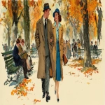 **vintage illustration of an american couple in love, walking hand-in-hand through the park on a fall day with colorful leaves falling around them. the man is wearing an overcoat and black shoes, while the woman wears a long coat with a blue top underneath it and a hat. they both have happy expressions. in the background, there are people sitting on benches and trees with autumn foliage. --ar 64:35 --v 7.0** - Image #1 <@1142201622697623682>