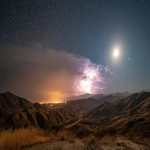 **Lunar Eclipse above a geomagnetic aurora lightning storm in the sierra desert, A cliffside wall very close by in the foreground --ar 16:9** - Image #3 <@1135636698060038216>
