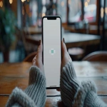 **first-person POV extreme close-up of a smartphone being held vertically with both hands on a wooden café table, female hands in a relaxed natural grip, soft fingers with natural nails, wrists covered by thick textured dark gray hoodie sleeves, same hand posture as image 1, smartphone screen fills most of the frame, showing a clean white background with a solid black circle in the center and inside it a bright green square icon divided into four thin blocks, cinematic shallow depth of field, blurred warm coffee shop background lighting, realistic lighting and soft shadows, no face, only hands and phone visible, iridium reflections --ar 16:9 --v 6.0 --raw** - Image #1 <@1339543647191826452>