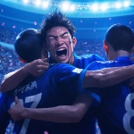 **Young Japanese male soccer player celebrating after scoring, plain solid blue jersey with no logos or brands, only a white back number, hugging teammates, modern stadium full of cheering fans, bright lights, sweat and determination on faces, cinematic atmosphere, realistic style, wide shot, no goalposts --niji 6** - Image #2 <@1212945075831836692>