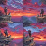 **a man with a metallic arm, a futuristic rifle, and a broad brimmed hat looking off a cliff toward a dramatically colorful sunset, his dog is sitting next to him, 8bit color, retro video game rosolution --ar 5:7** - Variations (Strong) by <@481618854582157330> (fast)