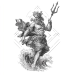 **tattoo design, refined poseidon with his trident, a royal posture, an authoritarian look, greco-roman body with a drape that flies away and a wave at the bottom of the body --v 7.0** - Image #3 <@284427398970343434>