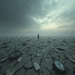 **a solitary human figure standing in a vast, empty void, shadows stretching endlessly, the ground cracked and barren, a dim gray sky with no sun, broken clocks and scattered pages dissolving into dust around them, the person’s posture slumped in despair, muted monochrome palette with faint traces of fading color, surreal and existential atmosphere, cinematic, highly detailed, symbolic of emptiness and futility --ar 16:9 --v 7.0** - Image #2 <@415014465860272130>