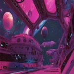 **an opalized wood space station. retro futurism. pink and complementary lighting. space. planets. asteroids. spaceships. --ar 16:9 --p 5vpiqri** - Image #2 <@323891292859793409>