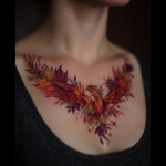 **chest tattoo on a women, tattoo of a phoenix bird made of leaves and feathers, leaves and feathers are fall colors --v 7.0** - Image #2 <@966519024106217482>