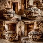 **ancient New Mexico pottery olla with stylized lizard procession band (gecko-like silhouettes, non-sacred, geometric, thin-line), black-on-white, weathered matte slip, small chips; near a tan adobe doorway with wooden lintel, soft late sun, watercolor granulation, in the style of E. H. Shepard, 1910 respectful, non-sacred motifs, not a museum label add a thin-line stylized lizard procession band (gecko-like silhouettes), evenly spaced, around the jar neck; fine black-on-white lines, non-sacred, geometric; remove mid-body animal motif; replace with geometric step-frets and chevrons; weathered matte slip; not cartoon, not cute, not dinosaur --ar 4:5 --stylize 300 --chaos 4 --no glossy glaze, no text, no logos --raw** - Remix (Strong) by <@1081749564803010630> (fast)