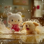 **ACGN, Ultrawideshot, Waist Shot(WS), Dramatic light, Japanese Hello Kitty vs Pudding Dog battle --s 250 --v 6.1** - Image #1 <@1272196571718615173>
