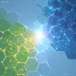 **Hexagonal or triangular geometric tiles cover the entire screen. A thin "electrified path" runs through the tiles, starting from the left in vivid green (RGB: 178/210/52) and from the right in deep blue (RGB: 0/77/116). These paths converge at a central white-to-gold circular node, simultaneously brightening to exceed a threshold. Abstract, clean, clinical. No text, no logo. Tiles feature subtle height variations and smooth reflections for an elegant look; path intersections increase in brightness. Background ranges from light blue to white. Volume light is extremely faint, particles are sparsely scattered. High resolution, minimal noise.** - Image #4 <@1143439331013431326>