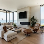 **ultra-realistic photograph of a coastal modern open floor plan living room in Manhattan Beach, California, warm oak wide plank hardwood floors, large black-framed windows with panoramic ocean and beach view, Restoration Hardware modern-inspired neutral palette, plush L-shaped sectional rotated so one side faces the ocean and the other faces a sleek TV above a limestone fireplace, layered grass cloth and Persian area rug, stone coffee table, leather lounge chair, wood rectangle couch table with lamp and fresh flowers and books on top, textured throw pillows, soft ambient natural daylight, sculptural chandelier, layered organic textures, styled for a luxury interior design Instagram post, straight-on wide-angle lens, full view of space including ocean view and TV wall, photorealistic details, depth, natural shadows --v 6.0 --raw --ar 13:10** - Upscaled (Creative) by <@1339375378858381312> (fast)